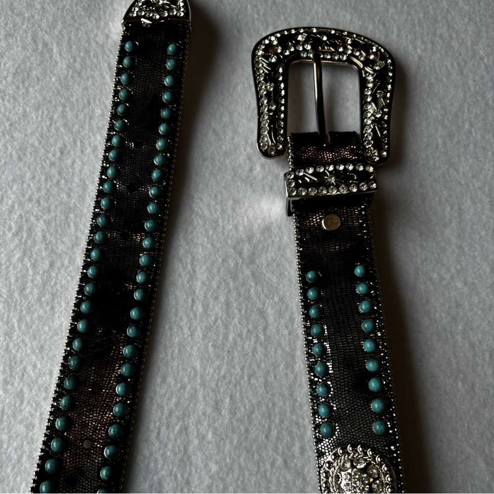 Women’s Angel Ranch Turquoise Studded Western Belt L Rhinestone Buckle Leather - Picture 13 of 16